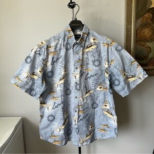 Puritan Men's Short Sleeve Button Down Shirt 100% Cotton Map Nautical Large